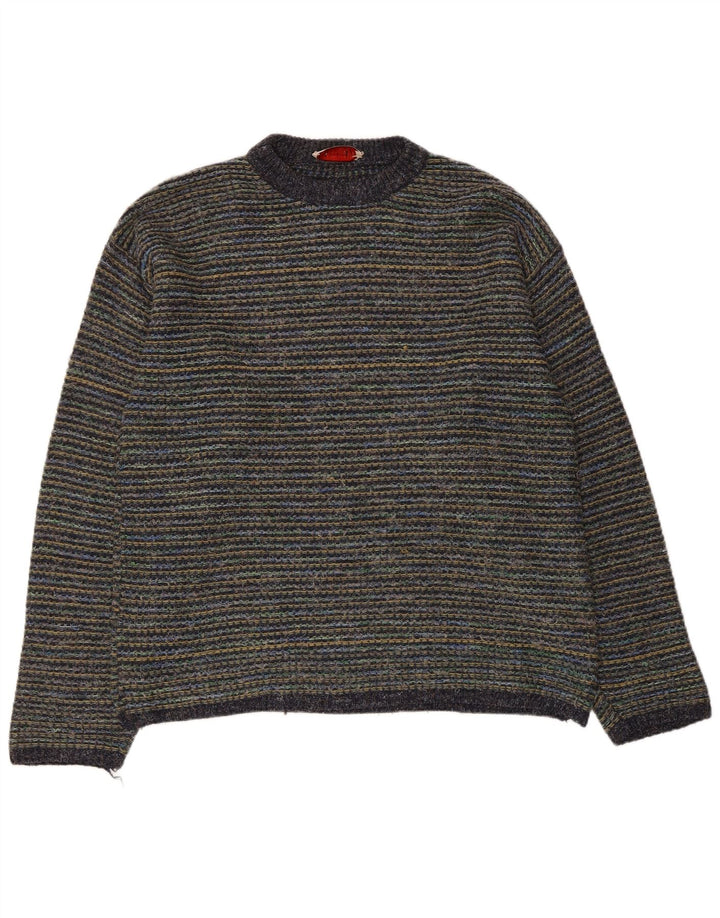 Vintage herre rund hals sweater stor flerfarvet nålestribet uld