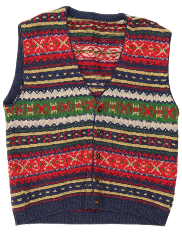 Vintage herre ærmeløs cardigan sweater XL multifarvet Fair Isle uld