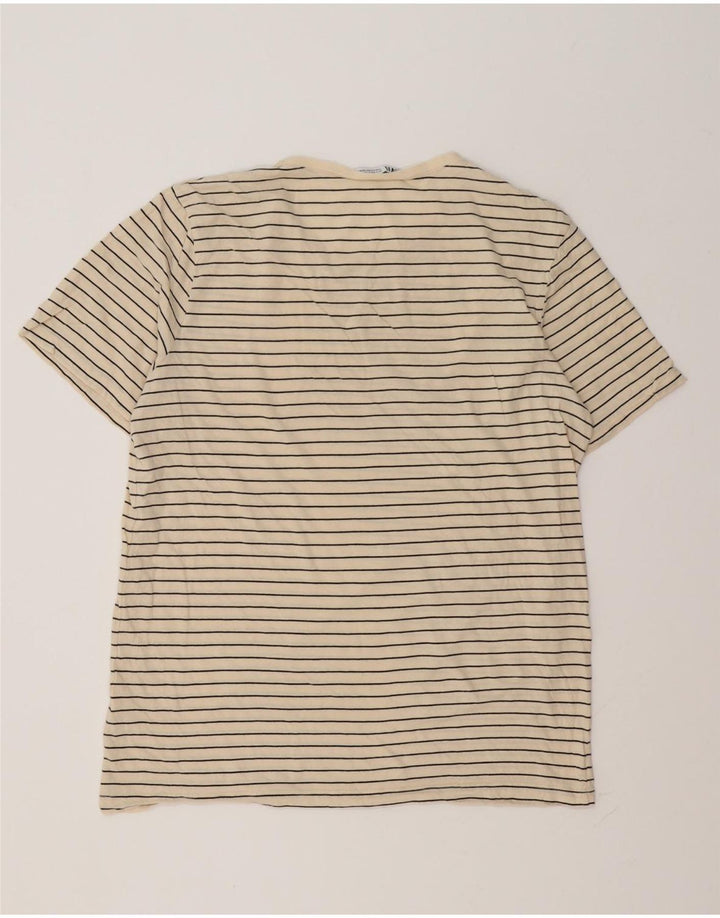 Zara Herre T-Shirt Top Stor Beige Stribet Bomuld
