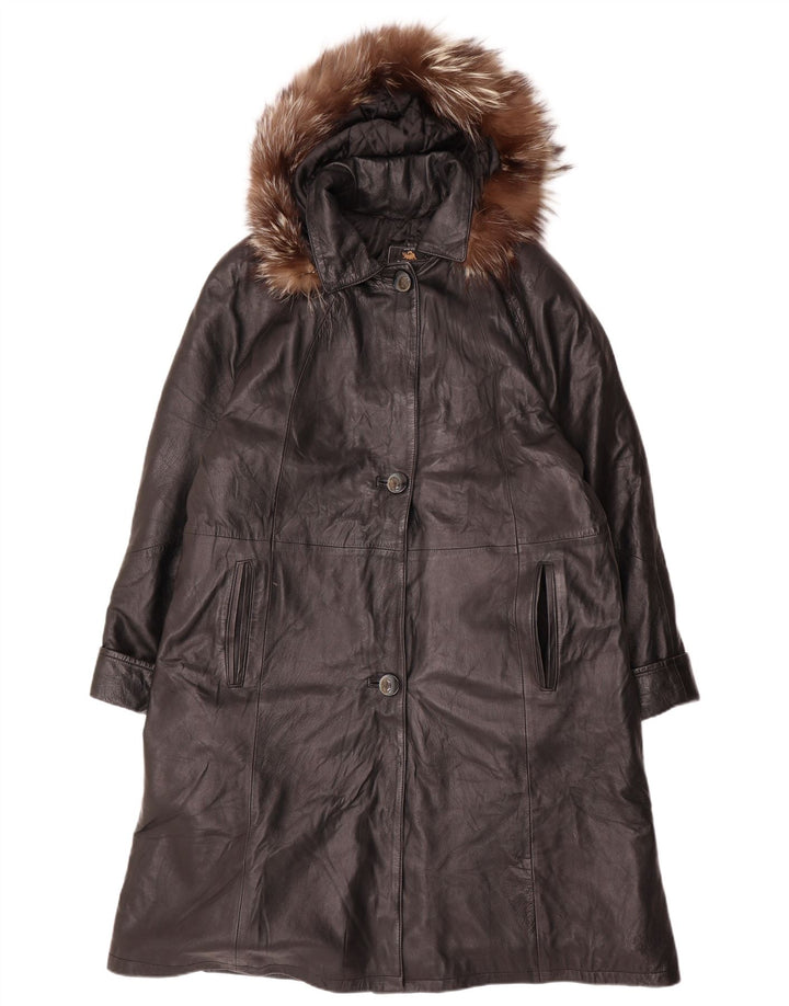 VINTAGE Oversized læderfrakke med hætte til kvinder UK 14 Medium sort læder