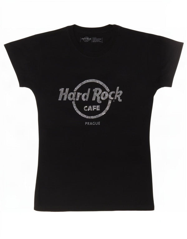 Hard Rock Cafe Dame Prag Grafisk T-Shirt Top UK 10 Small Navy Blue