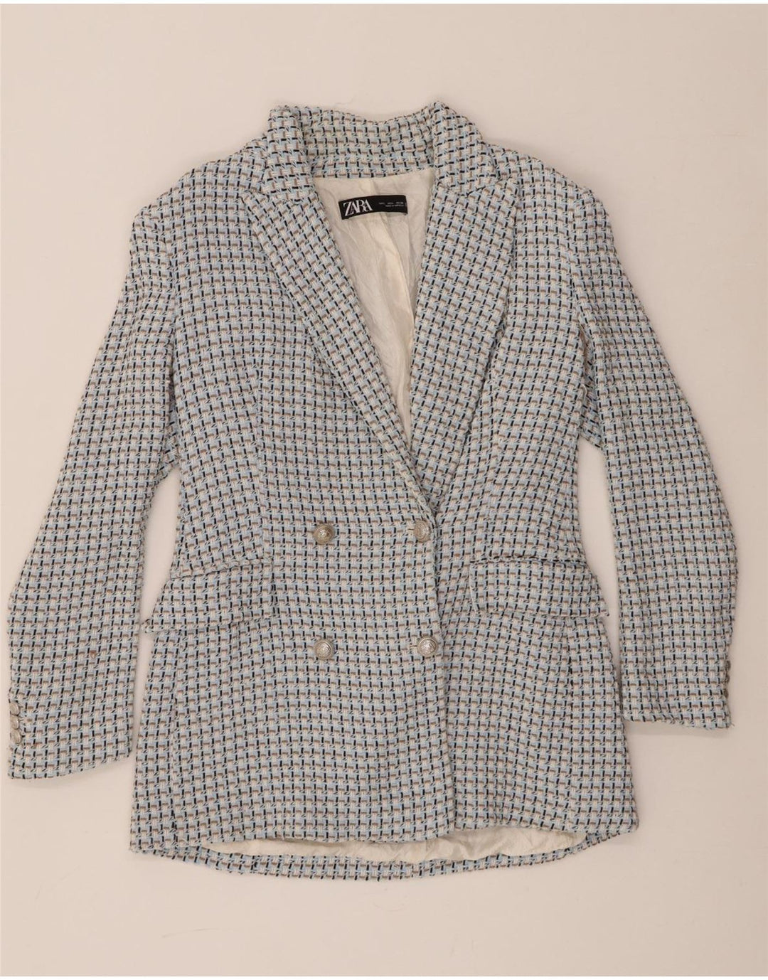 Zara Dame Dobbeltradet Blazer Jacket UK 14 Large Blue Gingham Cotton