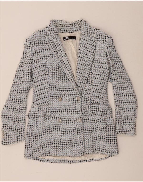 Zara Dame Dobbeltradet Blazer Jacket UK 14 Large Blue Gingham Cotton