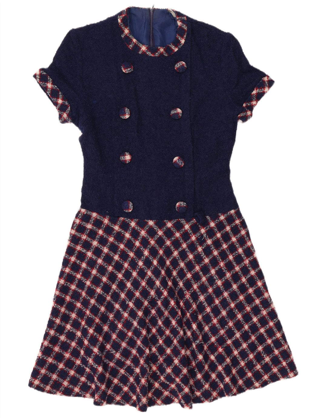 VINTAGE Dame A-Line Kjole UK 12 Medium Navy Blue Check