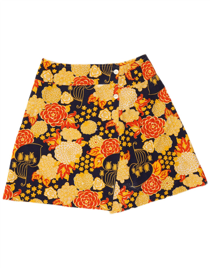 Vintage Kvinders Mini Wrap Nederdel W30 Medium Yellow Floral Retro