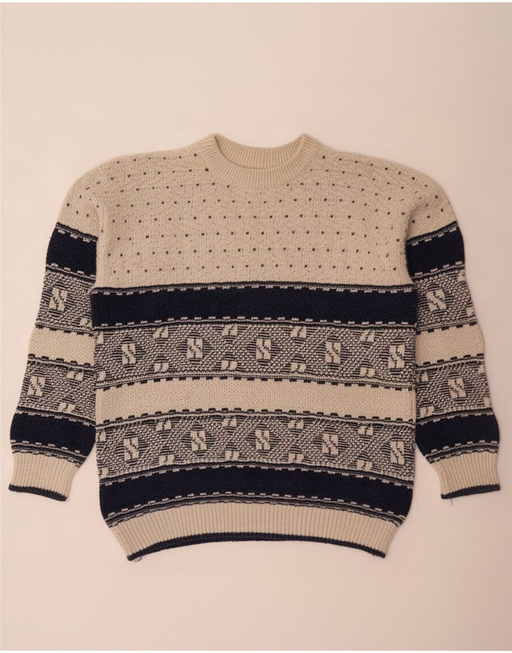 Vintage herre rund hals sweater stor beige geometrisk