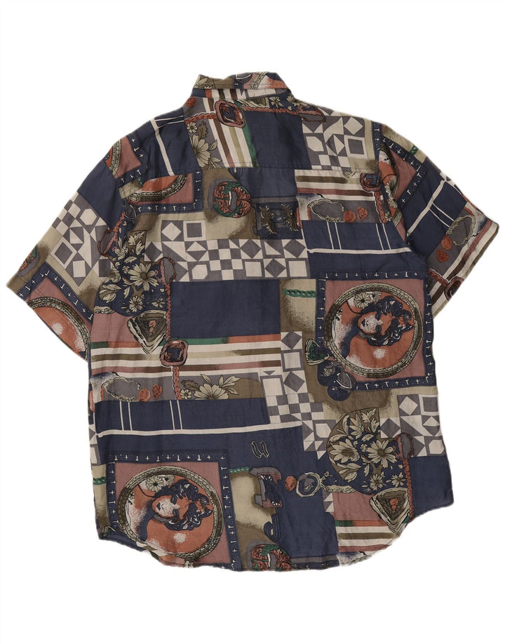 Vintage herre abstrakt mønster kortærmet skjorte medium marineblå silke