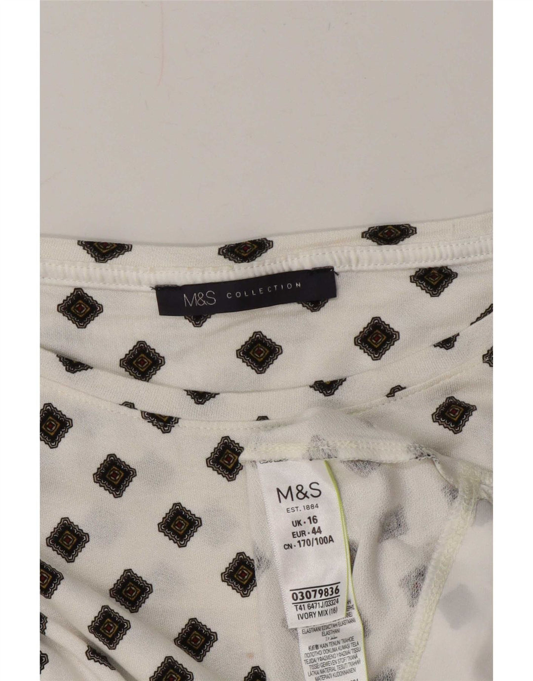 Marks & Spencer Dame Langærmet Tunika Top UK 16 Stor Hvid Geometrisk