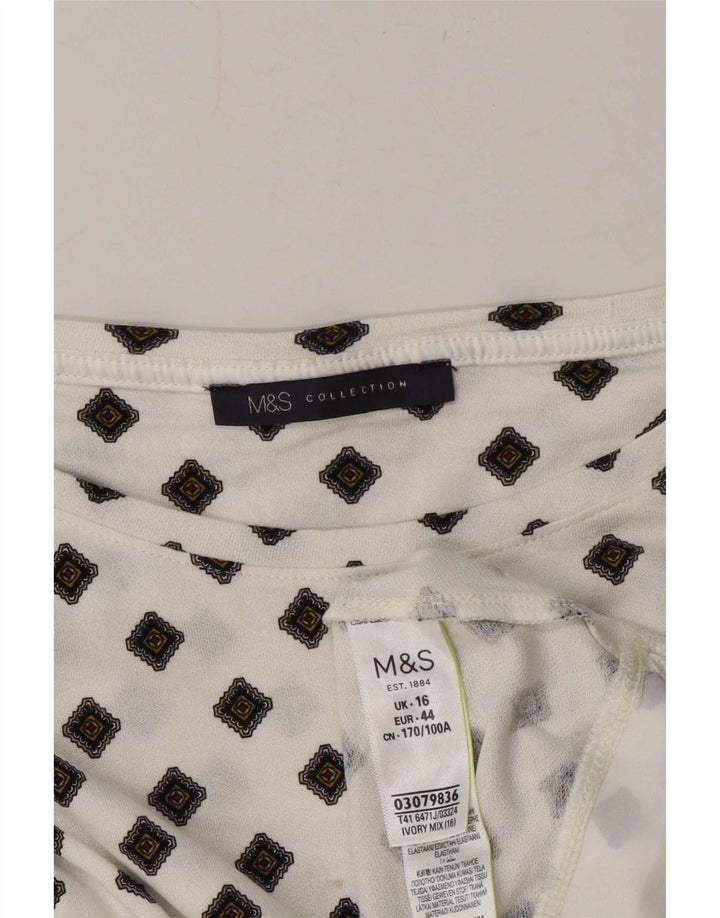 Marks & Spencer Dame Langærmet Tunika Top UK 16 Stor Hvid Geometrisk