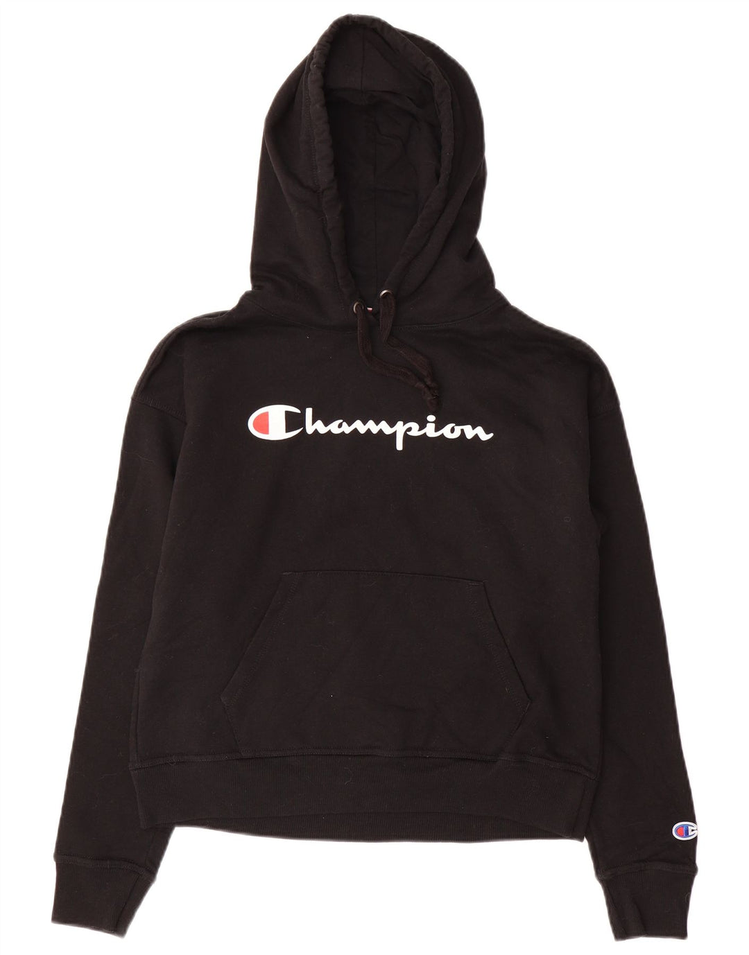 CHAMPION Dame Oversized Crop Grafisk Hoodie Jumper UK 6 XS Sort bomuld