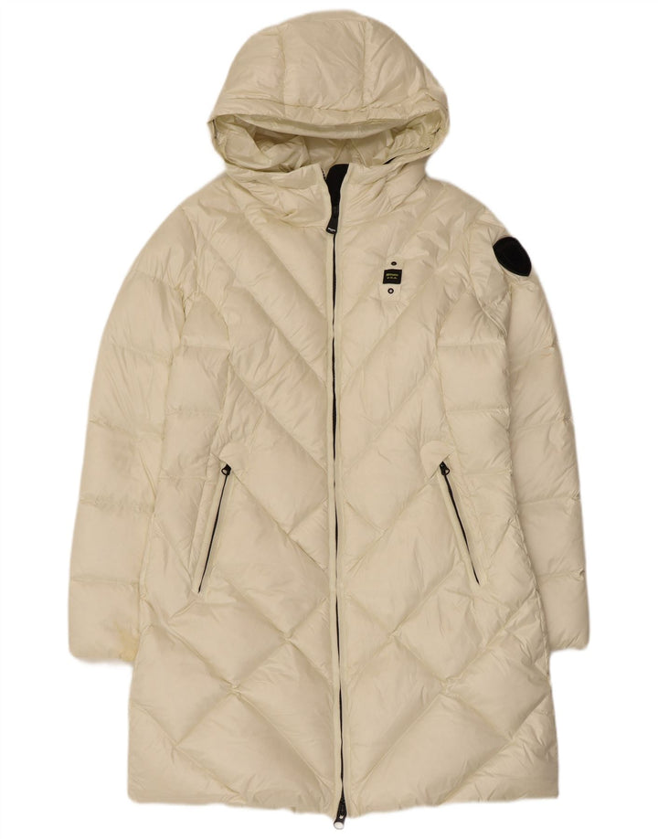 Blauer Polstret frakke med hætte til kvinder UK 16 Stor hvid polyamid