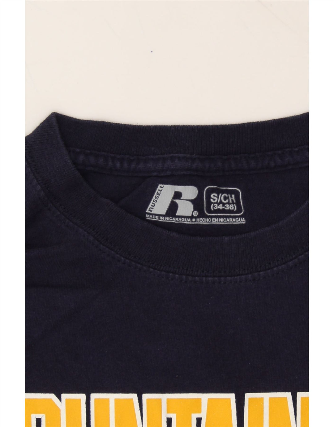 RUSSELL ATHLETIC Mens Graphic Top Long Sleeve Small Navy Blue Vintage Russell Athletic and Second-Hand Russell Athletic from Messina Hembry 