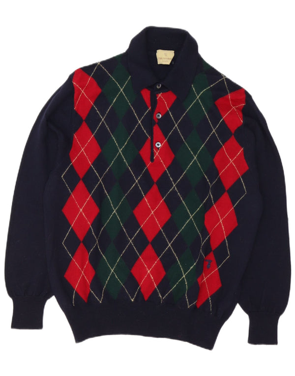 Trussardi Herre Polo Neck Jumper Sweater Large Navy Blue Argyle/Diamond