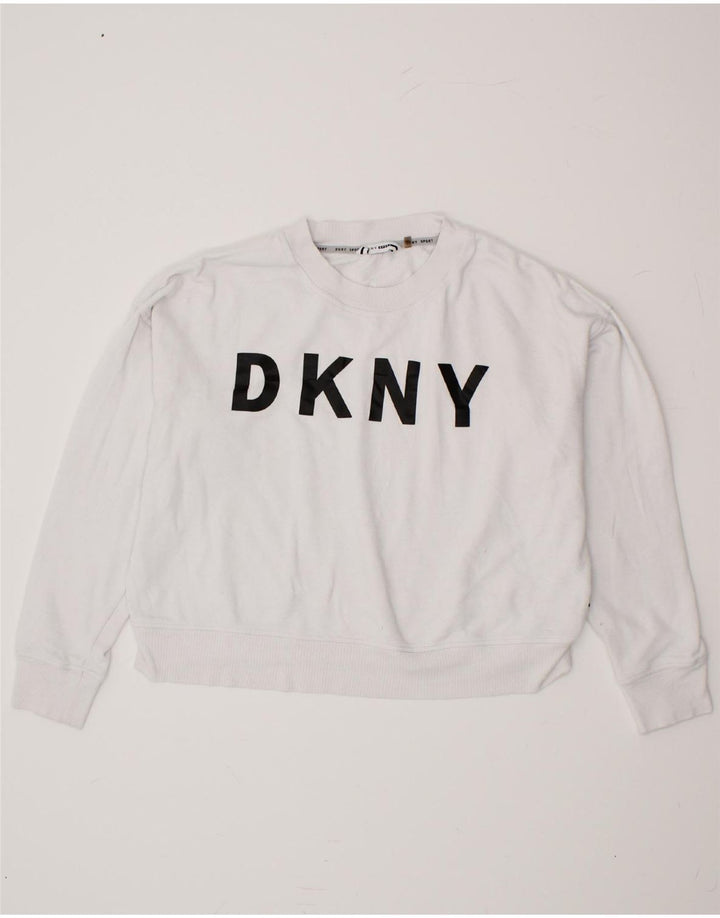 DKNY Womens Oversized Graphic Sweatshirt Jumper UK 14 Medium White Cotton Vintage Dkny and Second-Hand Dkny from Messina Hembry 