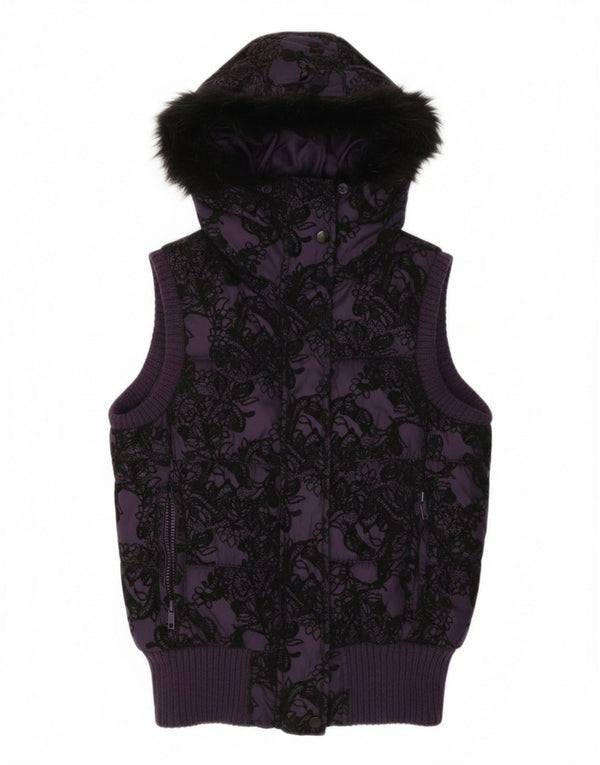 Fishbone Dame Hætte Polstret Gilet UK 10 Small Purple Floral