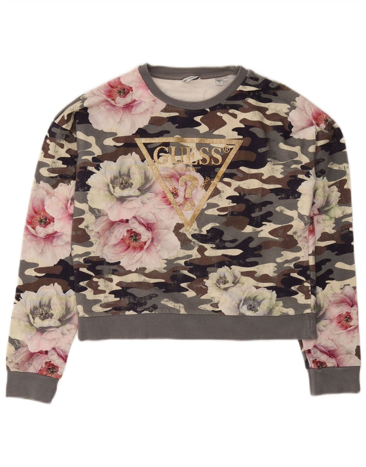 GUESS Womens Crop Graphic Sweatshirt Jumper UK 16 Large Grey Camouflage