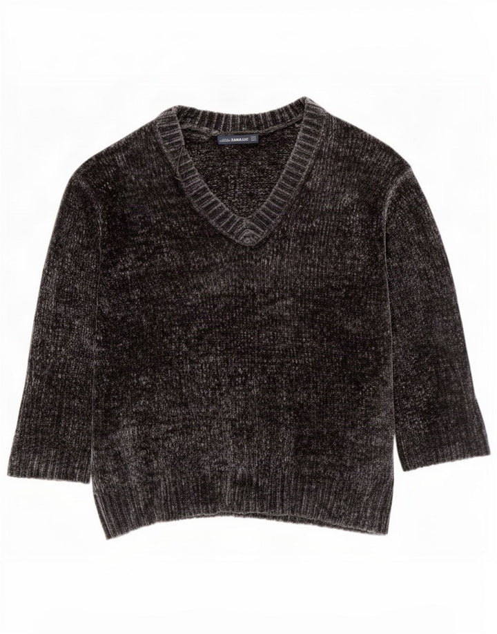 Zara Dame Oversized 3/4-ærmet V-hals sweater UK 14 Medium Grå