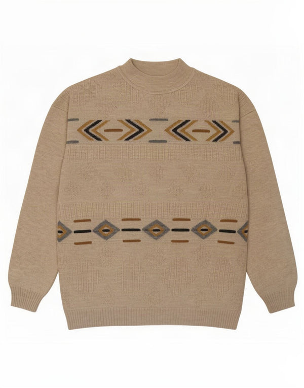 Vintage Herre Crew Neck Jumper Sweater IT 54 XL Beige Geometrisk