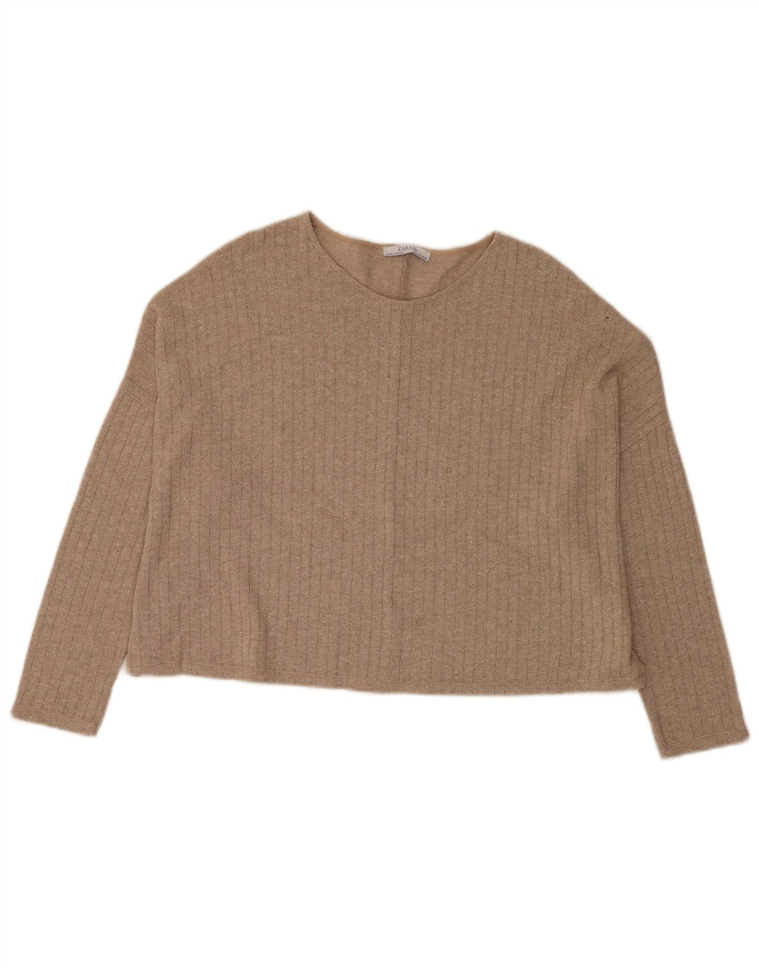 Zara Womens Crop Oversized Top 3/4 ærmer UK 14 Medium Beige Flecked Bomuld