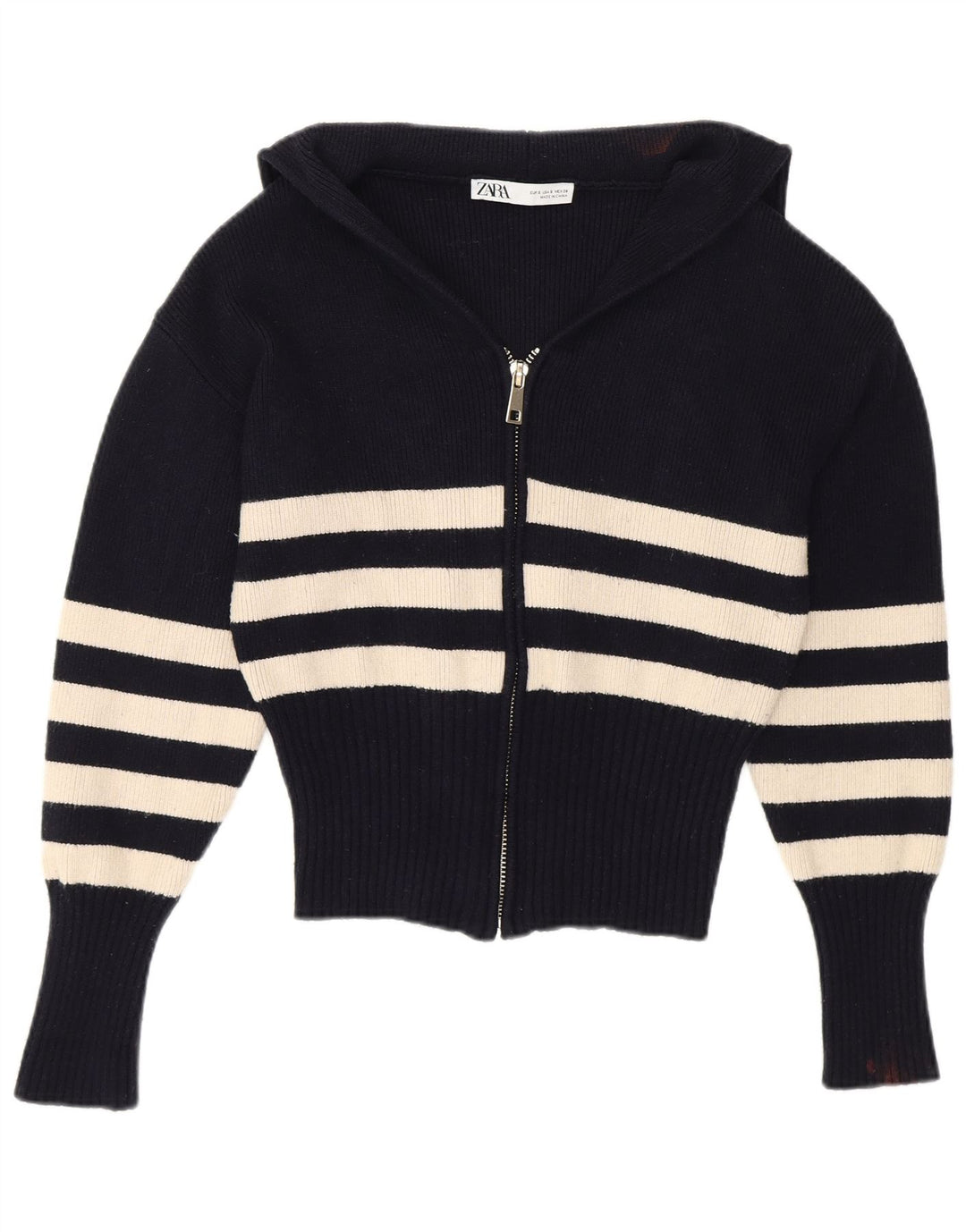 Zara Womens Crop Cardigan Sweater Small Marineblå Stribet Viscose