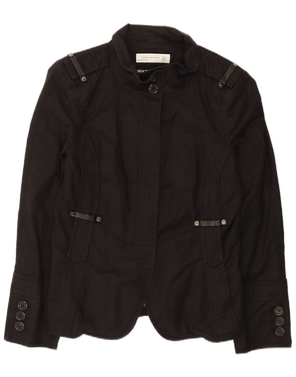 Zara Dame Military Blazer Jacket UK 18 XL Sort Bomuld