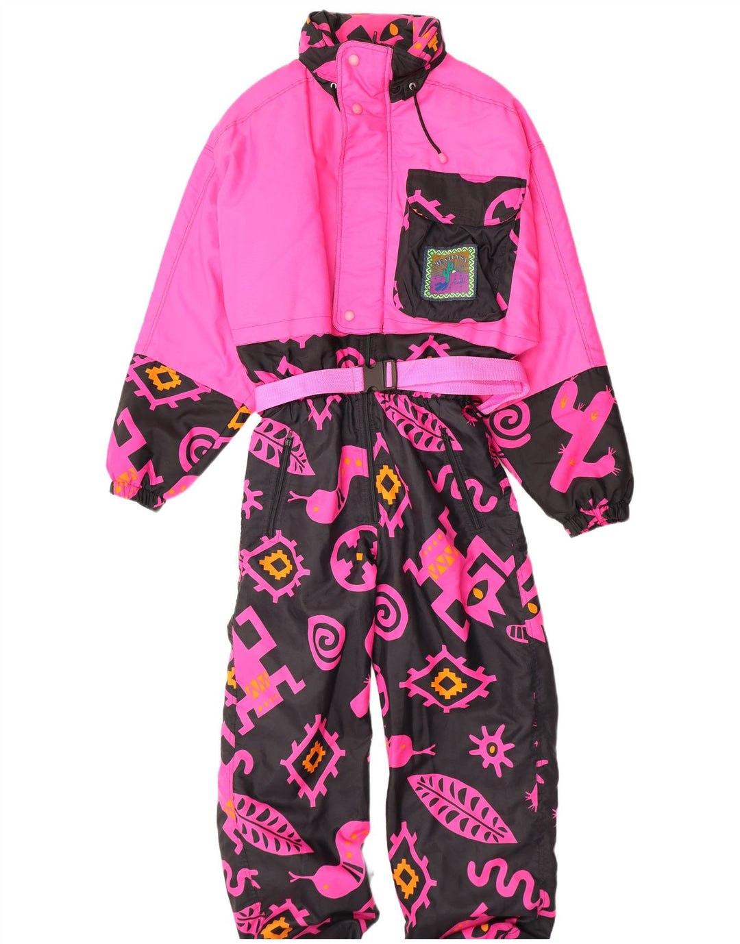 Vintage kvinders abstrakt mønster ski jumpsuit UK 16 Large Pink Colourblock