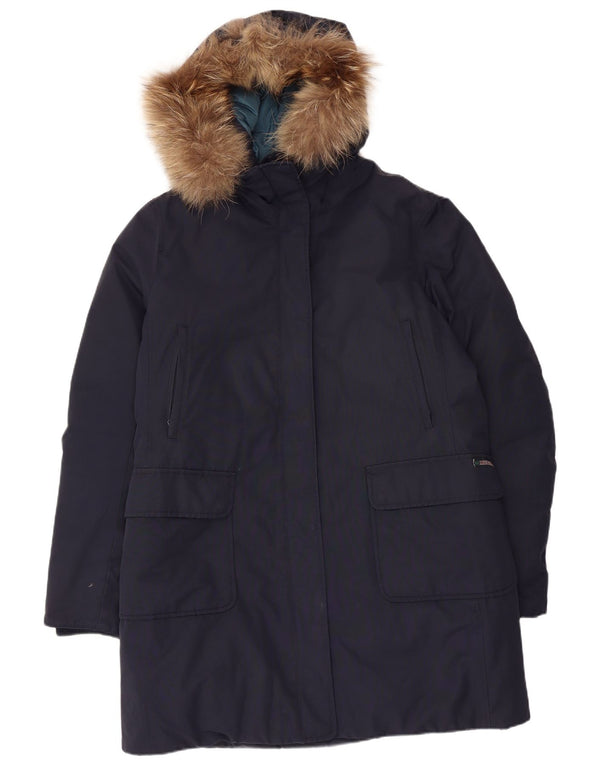 Museum Dame Hooded Parka Jacket UK 18 XL Navy Blue Bomuld