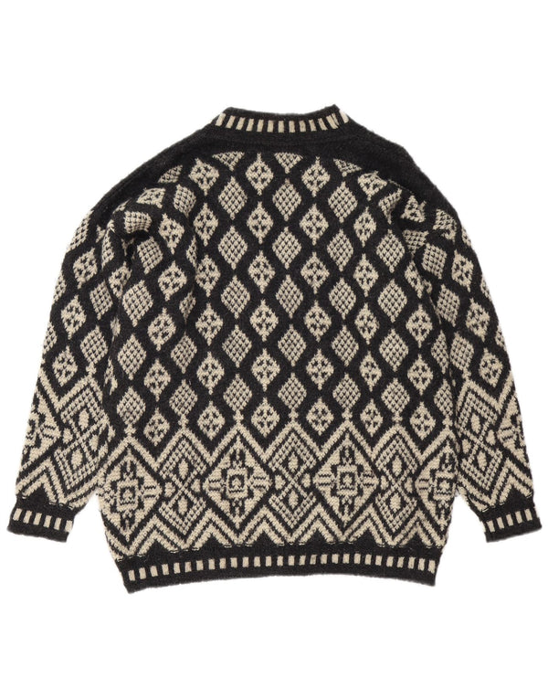 Vintage dame cardigan sweater UK 16 Large Black Fair Isle