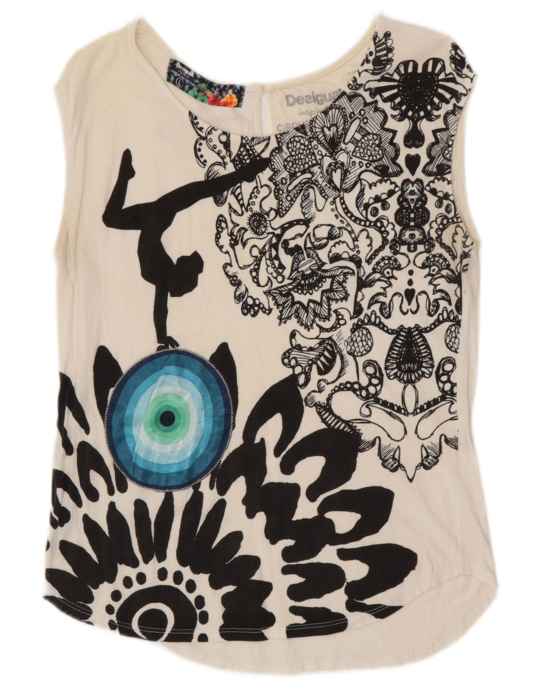 DESIGUAL Dame Cirque Du Soleil Grafisk Vest Top UK 14 Large White
