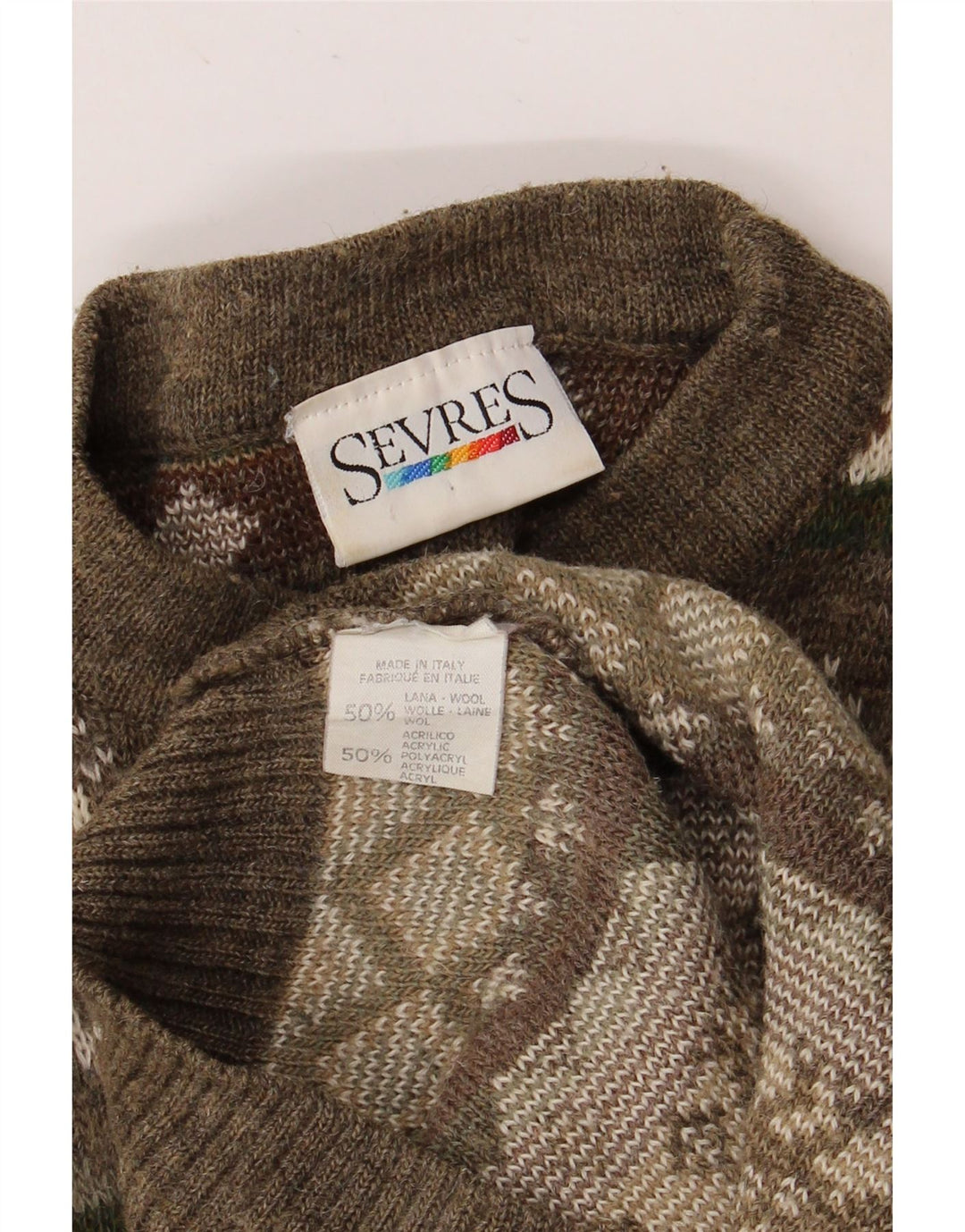 SEVRES Herre Crew Neck Jumper Sweater IT 52 Large Khaki Fair Isle Wool