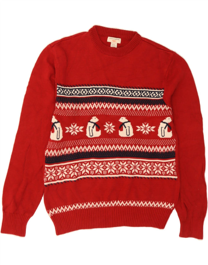 DOCKERS Mens Crew Neck Jumper Sweater Medium Red Fair Isle Cotton Vintage Dockers and Second-Hand Dockers from Messina Hembry 