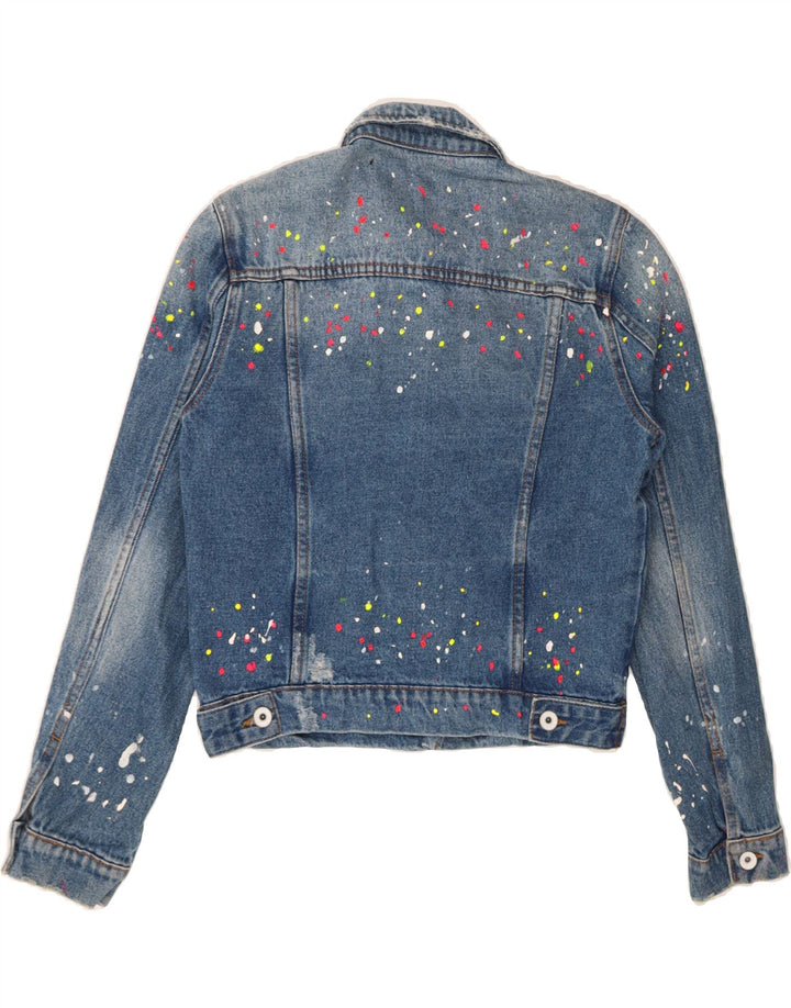 SUPERDRY Womens Graphic Crop Denim Jacket UK 10 Small  Blue Spotted Cotton Vintage Superdry and Second-Hand Superdry from Messina Hembry 