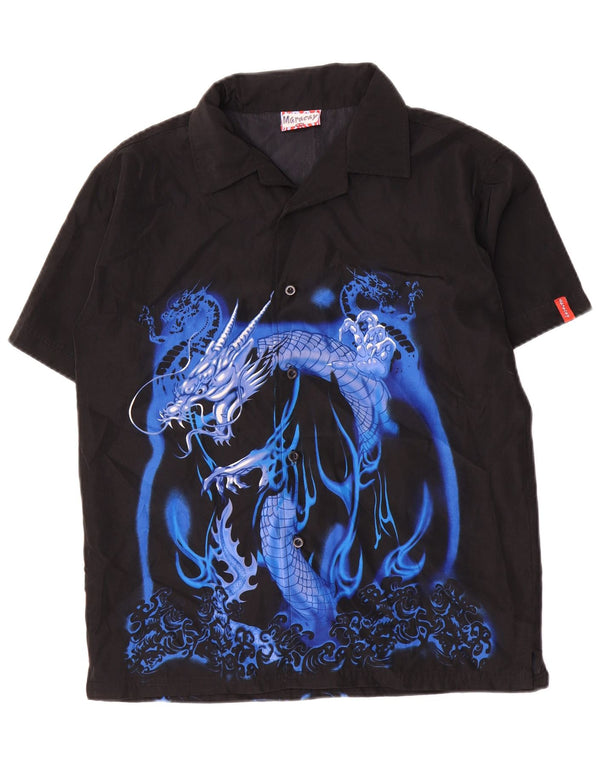 Vintage drenge grafisk kortærmet skjorte 15-16 år sort polyester