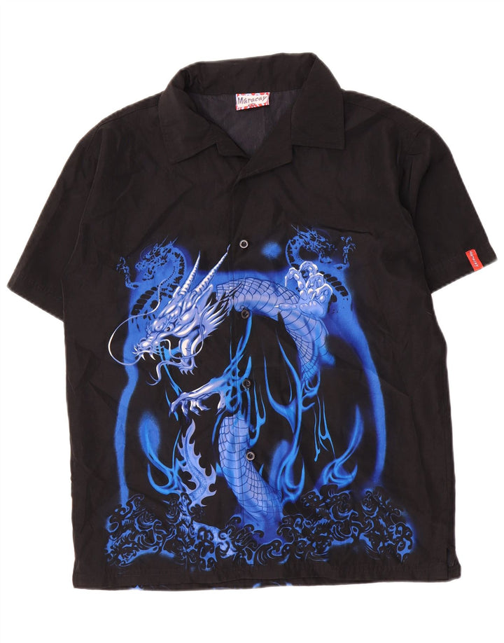 Vintage drenge grafisk kortærmet skjorte 15-16 år sort polyester