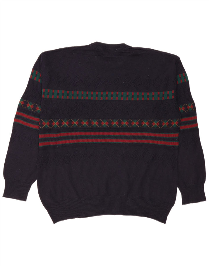 VINTAGE Herre Turtle Neck Jumper Sweater IT 50 Stor Marineblå Geometrisk