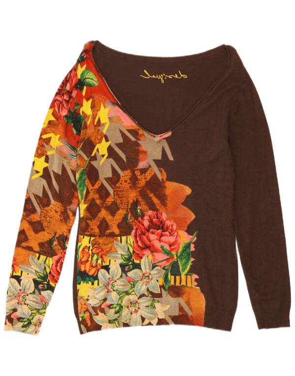 Desigual Dame V-hals Jumper Sweater UK 14 Large Brown Floral
