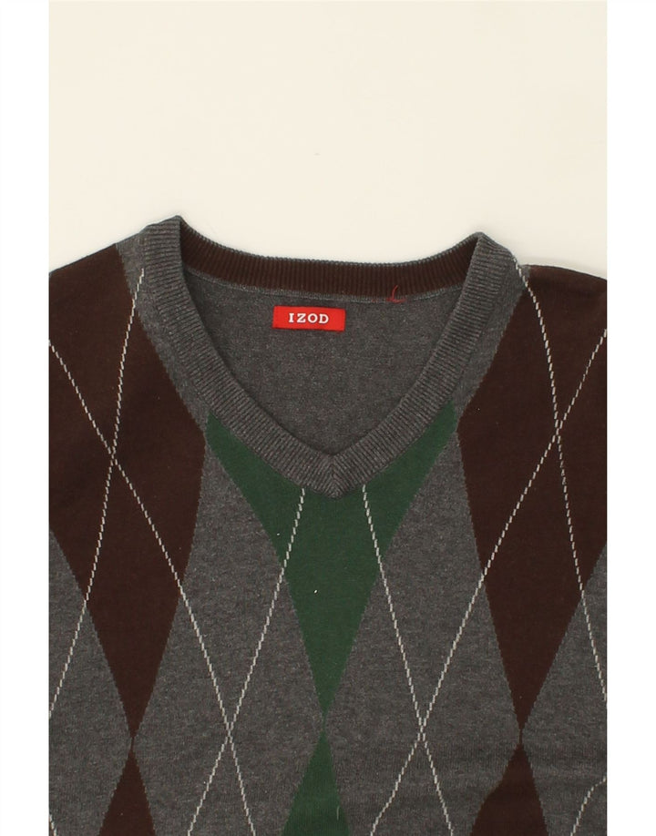 IZOD Mens V-Neck Jumper Sweater Medium Grey Argyle/Diamond Vintage Izod and Second-Hand Izod from Messina Hembry 