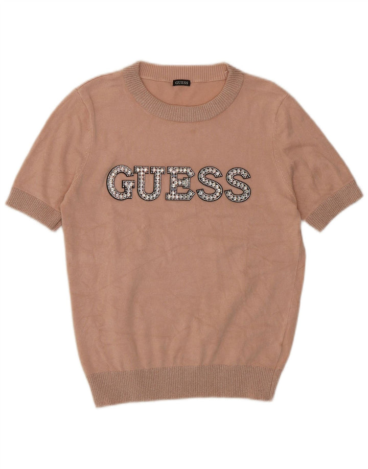 GUESS Womens Graphic Crew Neck Jumper Sweater UK 10 Small Pink