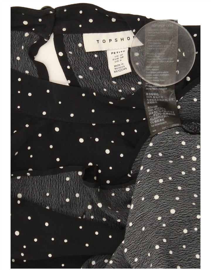 TOPSHOP Womens Ruffle Front Tunic Top UK 10 Small  Black Spotted