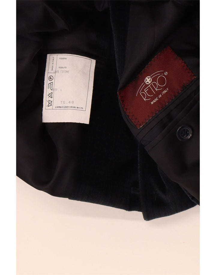 RETRO Herre 4-knaps Velvet Blazer Jacket IT 48 Medium Navy Blue Bomuld