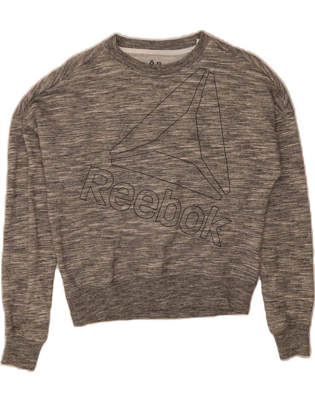 REEBOK Womens Oversized Graphic Sweatshirt Jumper UK 4/6 XS Grey Flecked Vintage Reebok and Second-Hand Reebok from Messina Hembry 