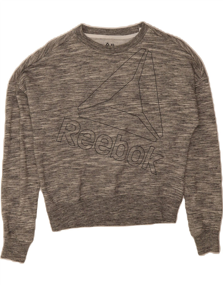 REEBOK Womens Oversized Graphic Sweatshirt Jumper UK 4/6 XS Grey Flecked Vintage Reebok and Second-Hand Reebok from Messina Hembry 