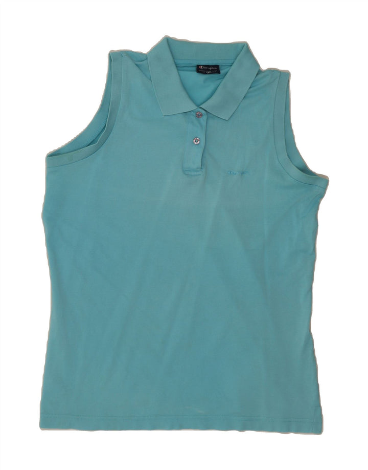 CHAMPION Womens Sleeveless Polo Shirt UK 14 Medium Blue Cotton Vintage Champion and Second-Hand Champion from Messina Hembry 