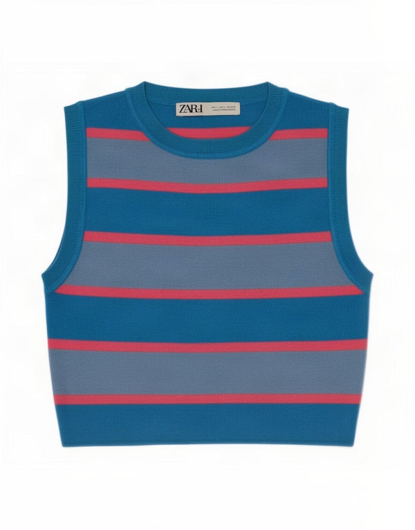 Zara Womens Crop Vest Top UK 14 Stor blå stribet viskose