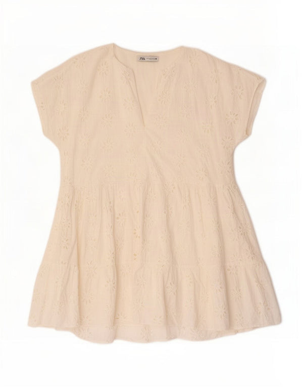 Zara Womens Oversized Tiered Dress UK 16 Large Off White Floral Bomuld