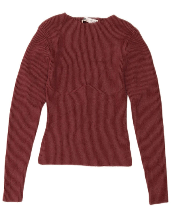 Zara Womens Crop Boat Neck Jumper Sweater UK 12 Medium Burgundy Viscose