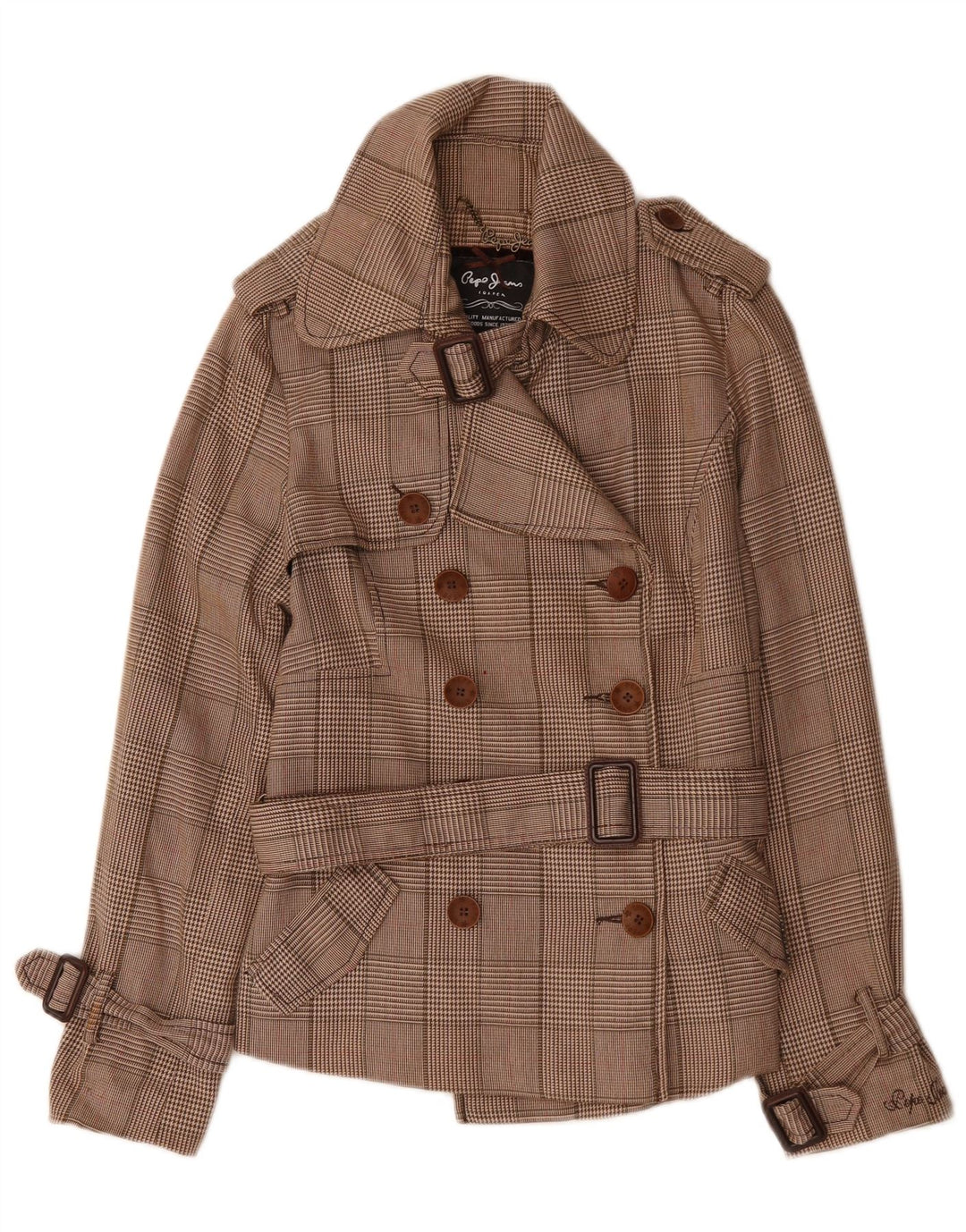 PEPE Jeans Dame Belted Pea Coat UK 14 Medium Brown Houndstooth Bomuld