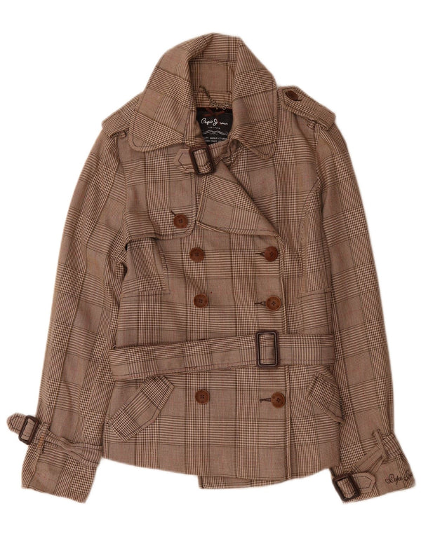 PEPE Jeans Dame Belted Pea Coat UK 14 Medium Brown Houndstooth Bomuld