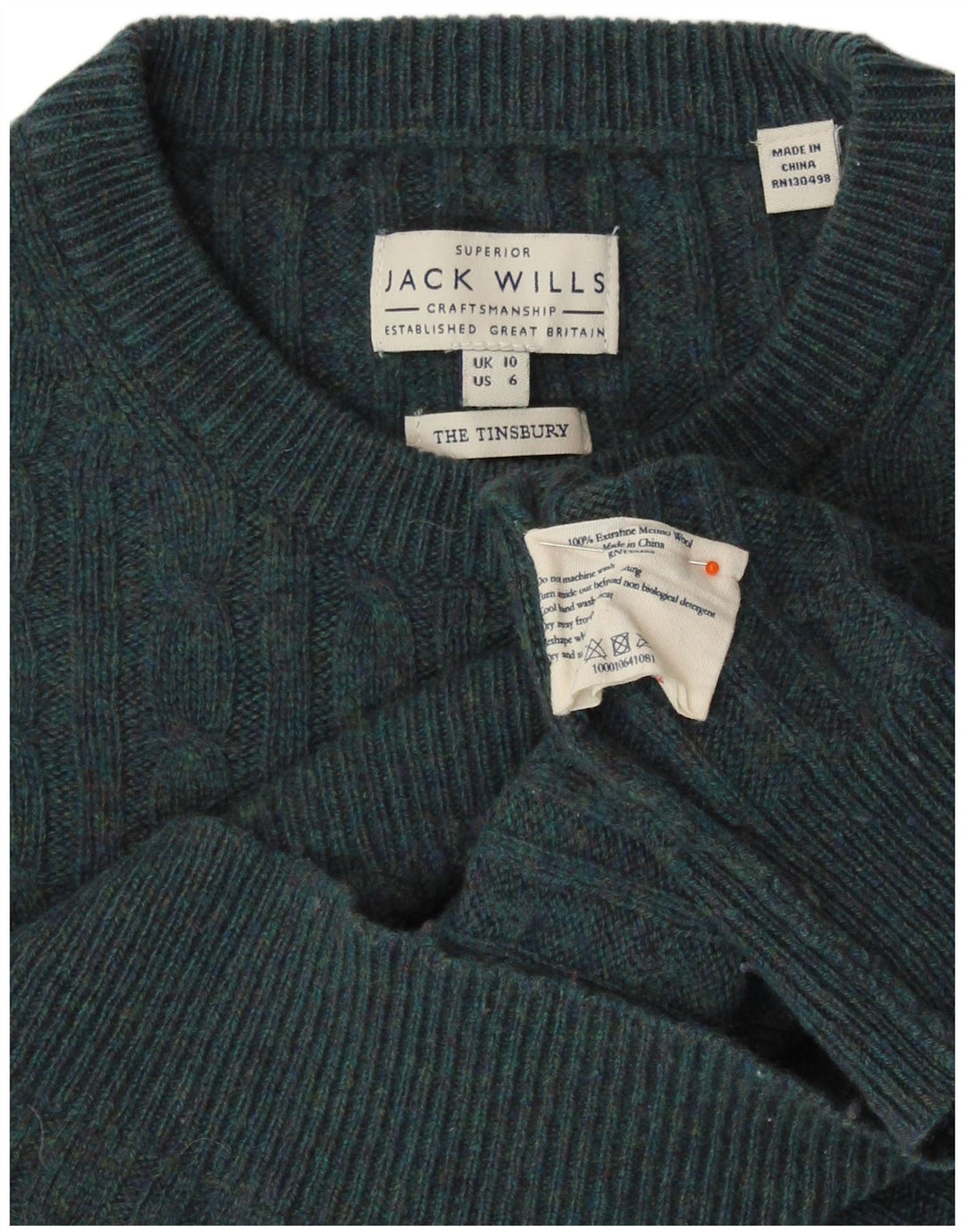 Jack Wills Dame Crew Neck Jumper Sweater UK 10 Small Green Merino Wool