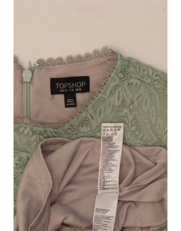 Topshop Womens 3/4 Sleeve Lace A-Line Dress UK 12 Medium Green Floral Nylon